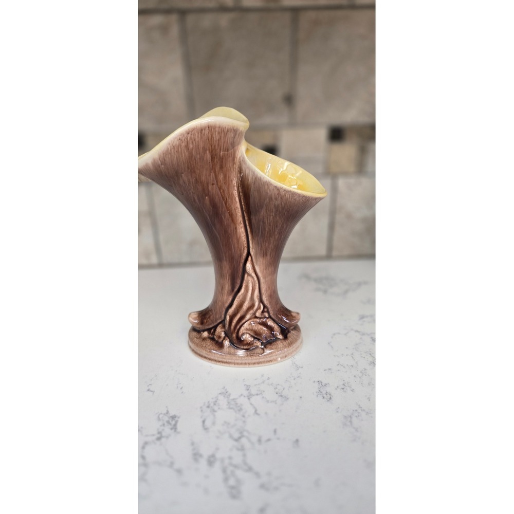 Vintage American Art Pottery Double Bud Vase Brown Yellow Wood Grain Calla Lily